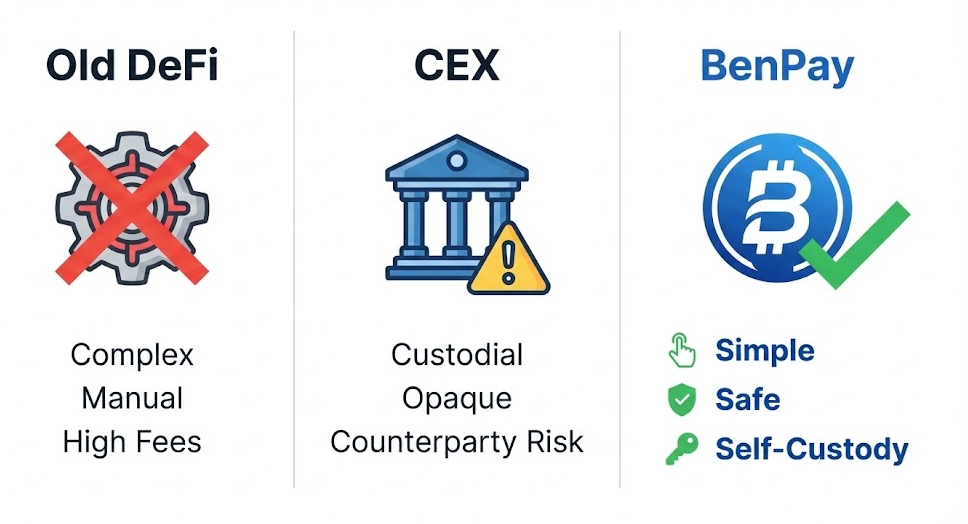 Comparison: BenPay vs. CEX vs. Traditional DeFi