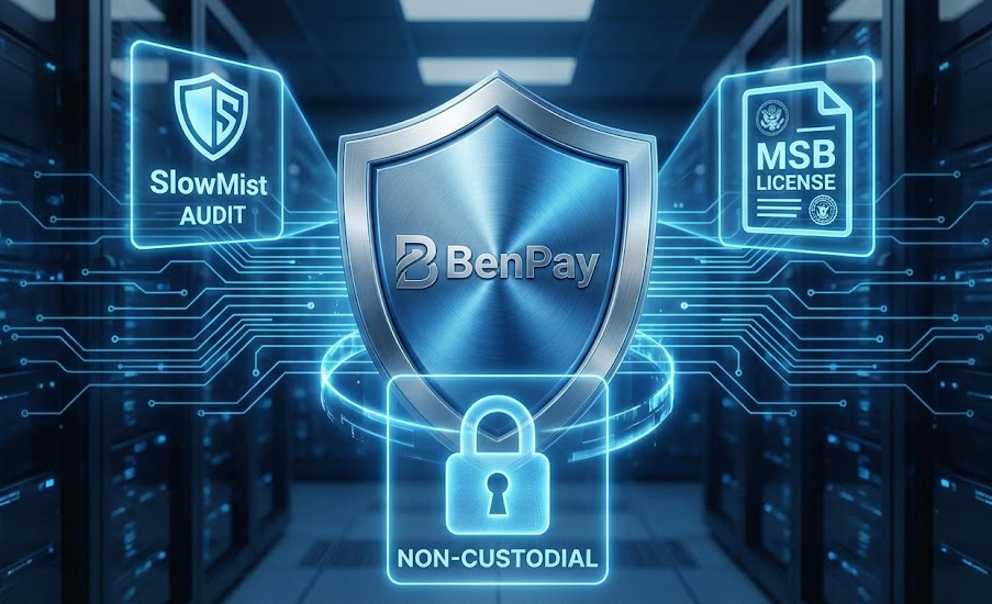 BenPay security graphic showing SlowMist Audit, MSB License, and Non-Custodial icons.