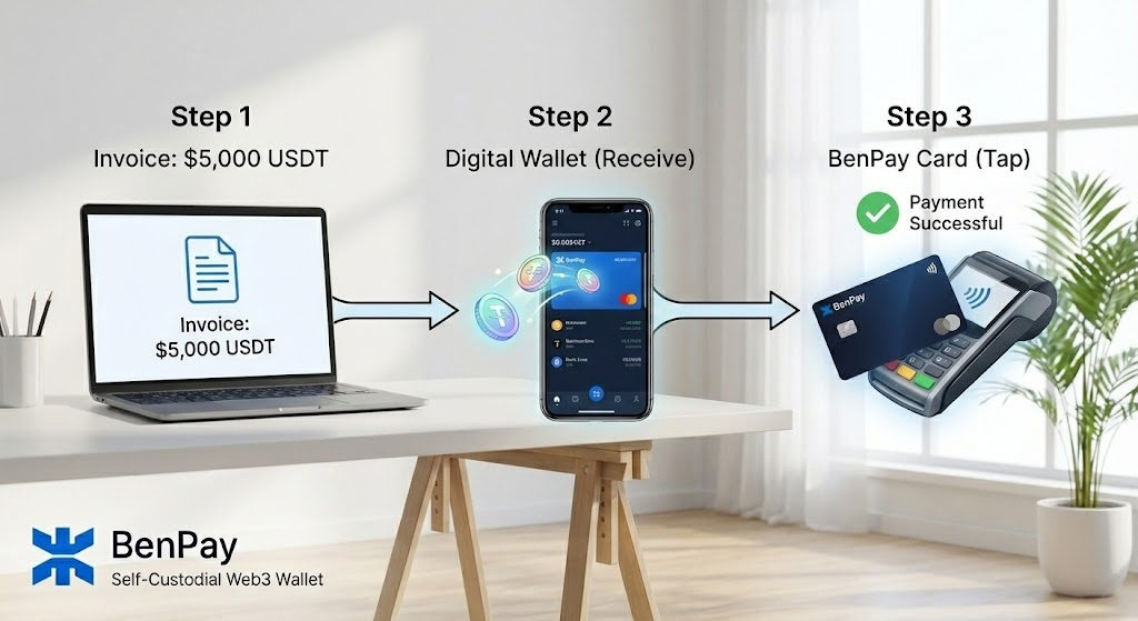 crypto debit card for freelancers to receive payments in USDT USDC and spend like cash - illustration