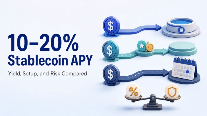 Comparison of 10-20% stablecoin APY routes by yield source, setup, and risk