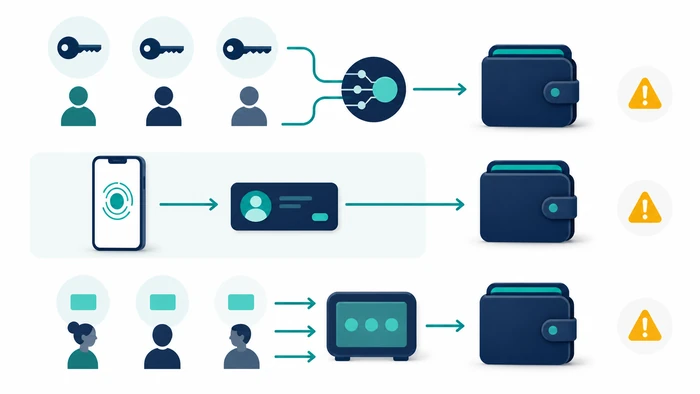 MPC, passkey, and social-recovery wallet models shown as separate paths