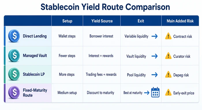 Stablecoin yield routes compared by setup, yield source, withdrawal conditions, and added risk