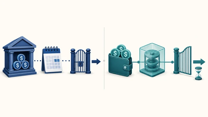 Exchange and DeFi withdrawal terms illustrated with gates and timing