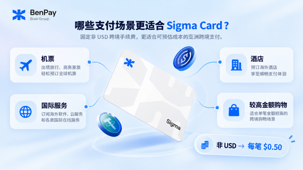 BenPay Sigma Card 适合支付酒店、机票、电子产品、团队采购或金额较高的国际服务