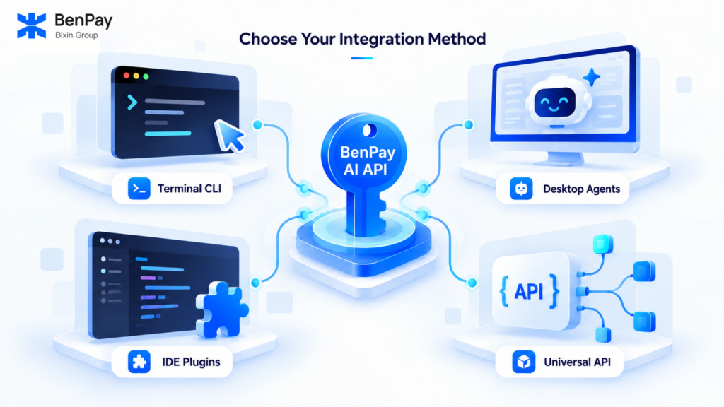 [Illustration 1: Four integration options | Alt: BenPay AI API integration through Terminal CLI, Desktop Agents, IDE Plugins, and Universal API]