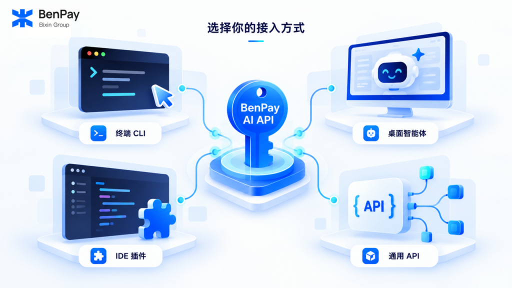 BenPay AI API 的终端 CLI、桌面智能体、IDE 插件与通用 API 四类接入入口